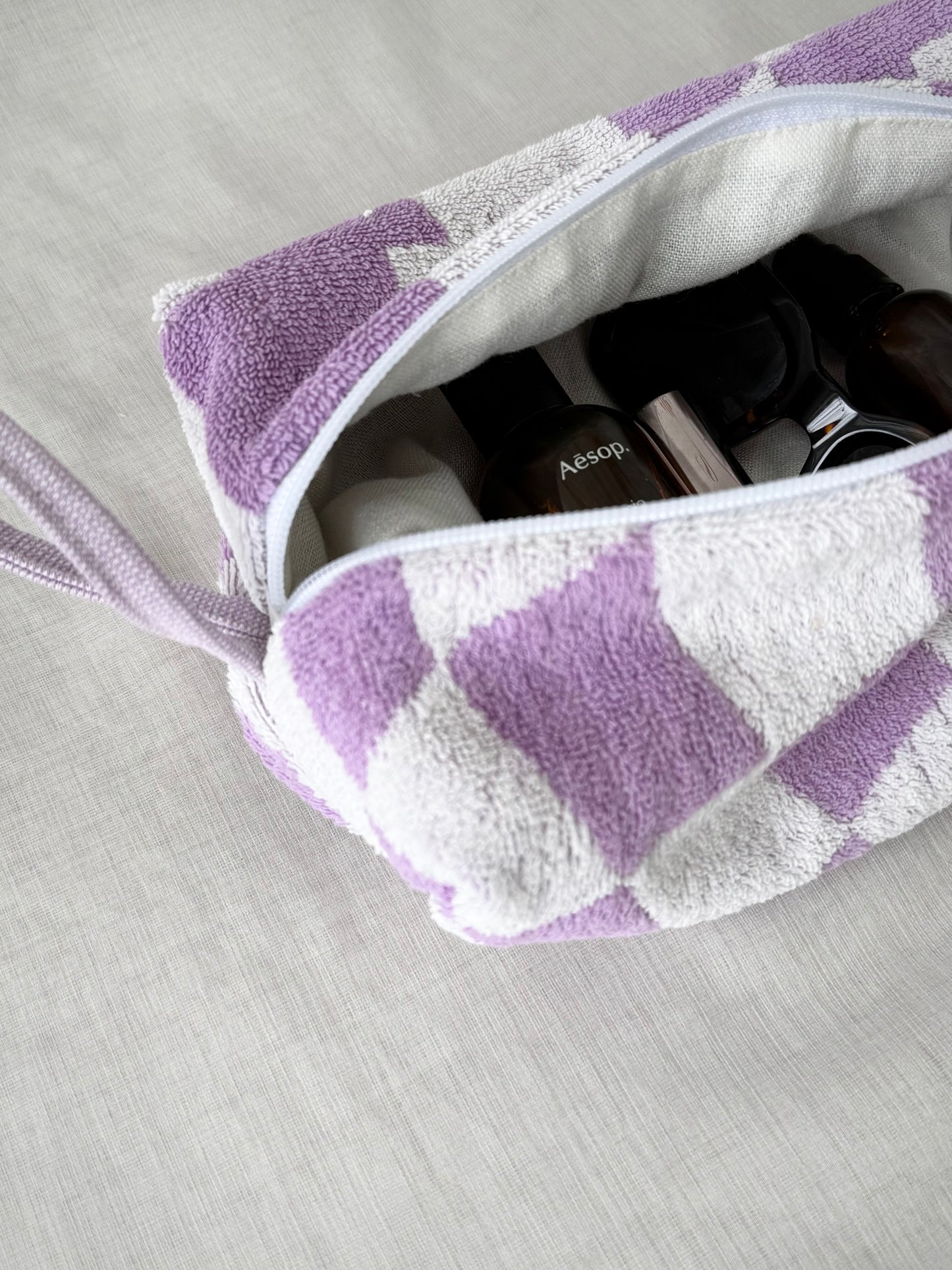 “LAVENDER FIELD” • UPCYCLED TERRY CLOTH COSMETIC BAG